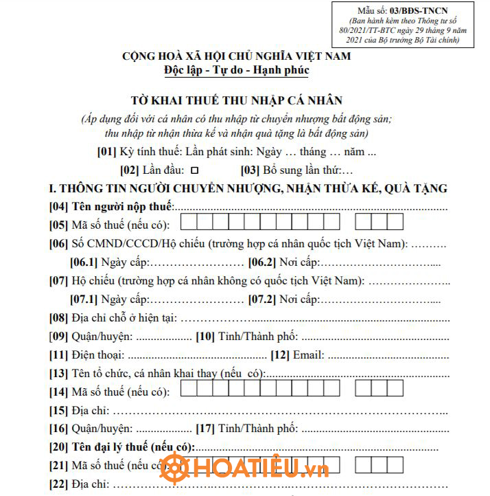 Mẫu 03/BĐS-TNCN: Tờ khai thuế thu nhập cá nhân 2022