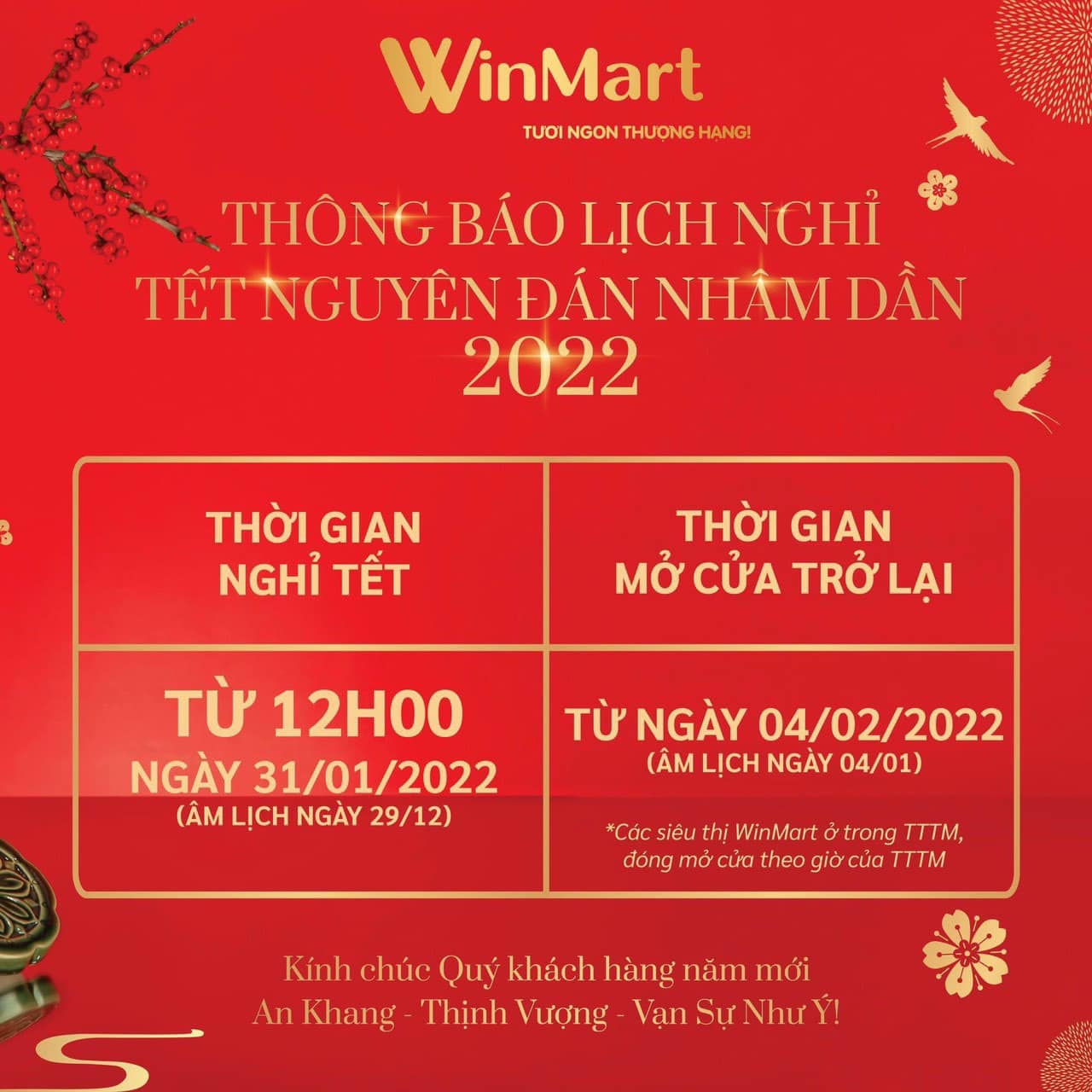 Lịch nghỉ Tết 2022 của siêu thị VinMart, Big C, Aeon, Coopmart