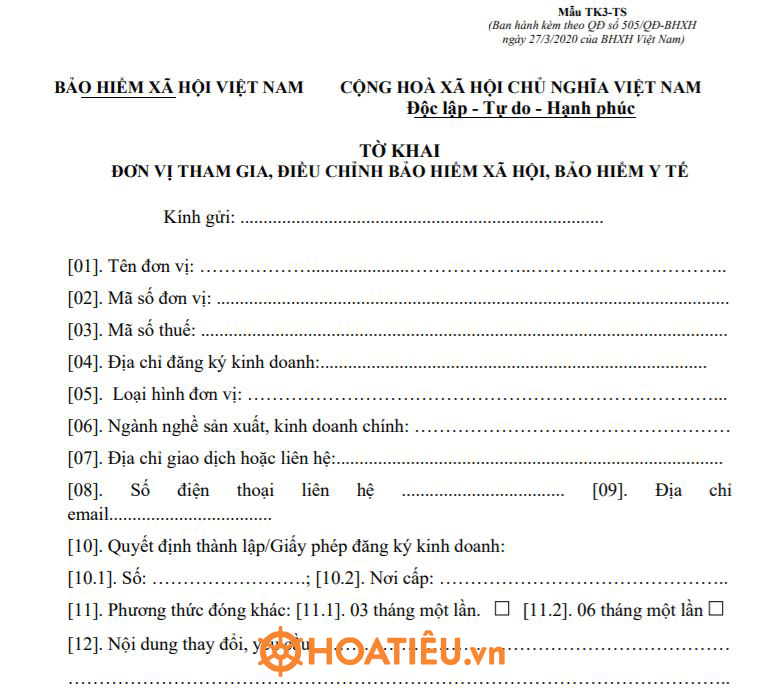Mẫu TK3-TS: Tờ khai đơn vị tham gia, điều chỉnh BHXH, BHYT 2022