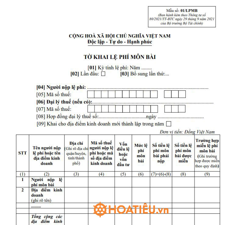 Tờ khai thuế môn bài theo mẫu 01/LPMB,