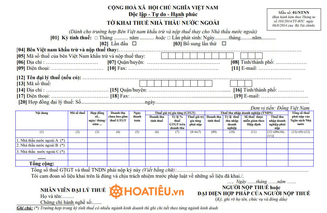 Tờ khai thuế nhà thầu nước ngoài - Mẫu 01/NTNN