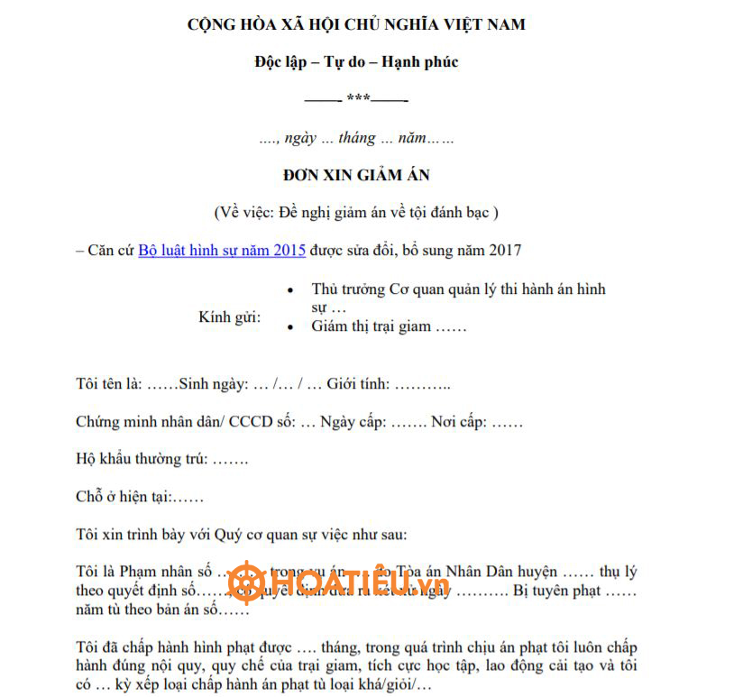 Mẫu đơn xin giảm án về tội đánh bạc mới nhất