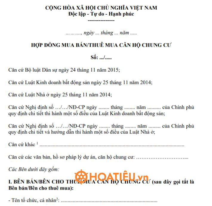 Mẫu hợp đồng mua bán căn hộ chung cư
