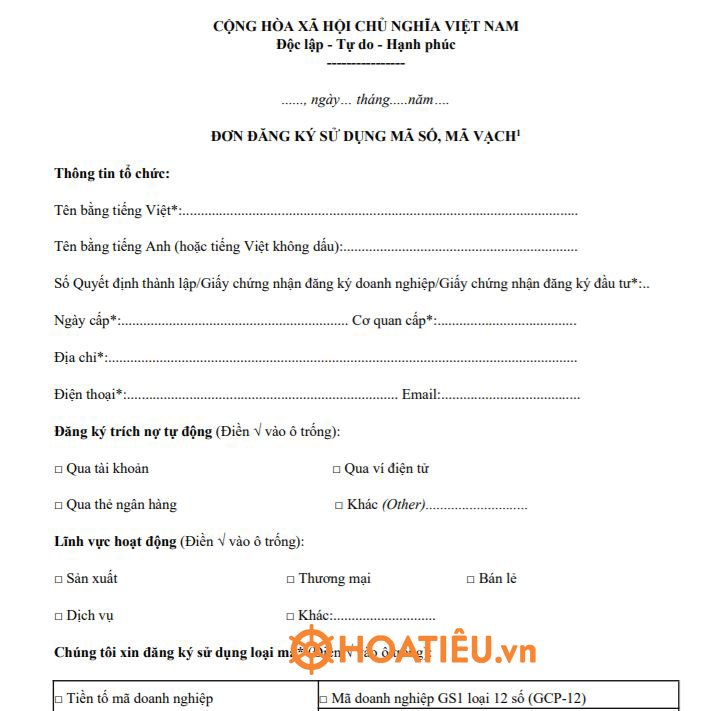 Đơn đăng ký sử dụng mã số mã vạch mẫu số 12 Nghị định 13