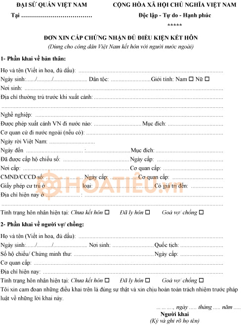 Mẫu đơn xin cấp giấy chứng nhận đủ điều kiện kết hôn