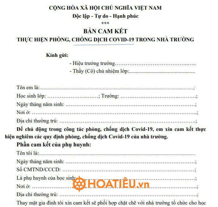 Bản cam kết thực hiện phòng chống dịch Covid-19 trong nhà trường