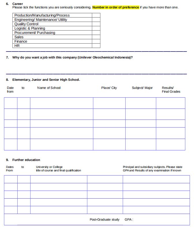 Đơn ứng tuyển vào Unilever