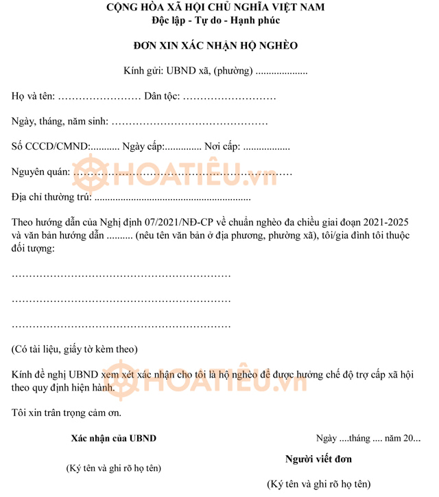 Mẫu đơn giấy xác nhận hộ nghèo mới nhất 2024