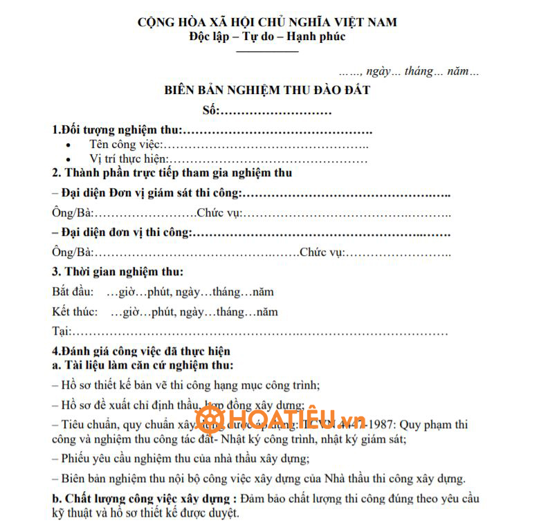 Mẫu biên bản nghiệm thu đào đất 2022