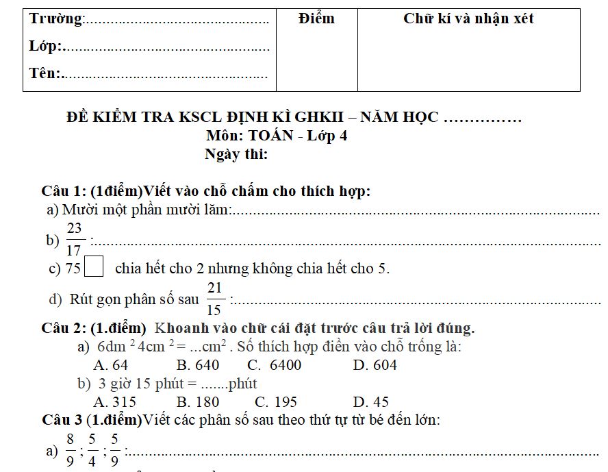 Đề thi giữa học kì II lớp 4 môn Toán