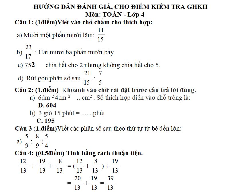 Bộ đề thi giữa học kì 2 môn Toán lớp 4