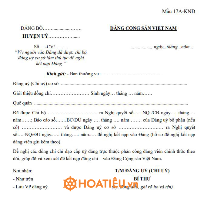 Mẫu 17A-KNĐ: Công văn giới thiệu người vào đảng đã được chi bộ làm thủ tục kết nạp Đảng