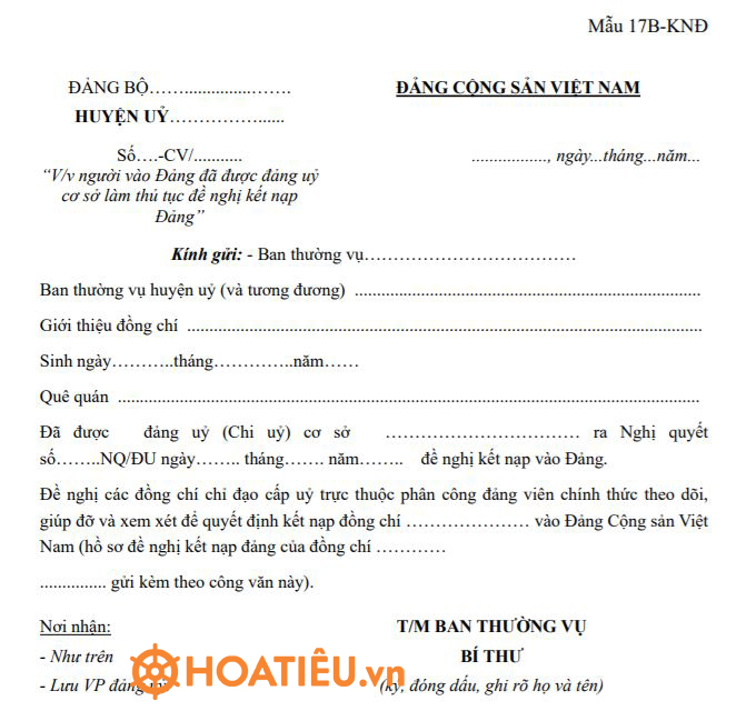 Mẫu 17B-KNĐ: Công văn người vào đảng đã được đảng ủy làm thủ tục đề nghị kết nạp Đảng