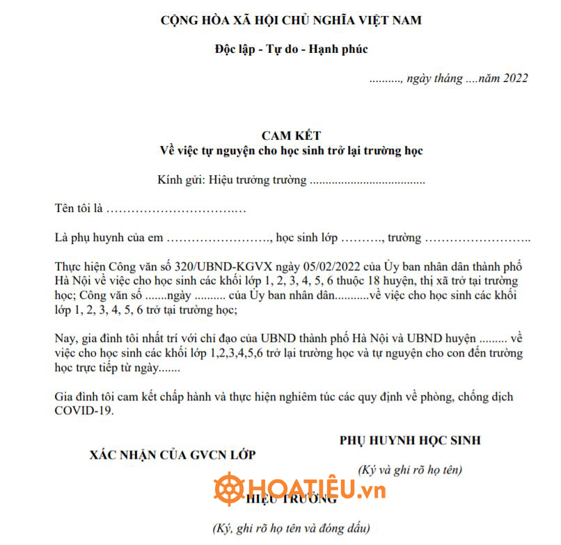 Bản cam kết về việc tự nguyện cho học sinh trở lại trường học 2022
