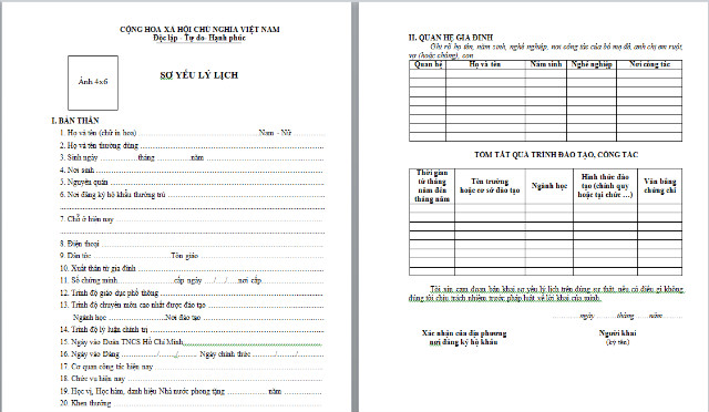 Mẫu sơ yếu lý lịch tự khai