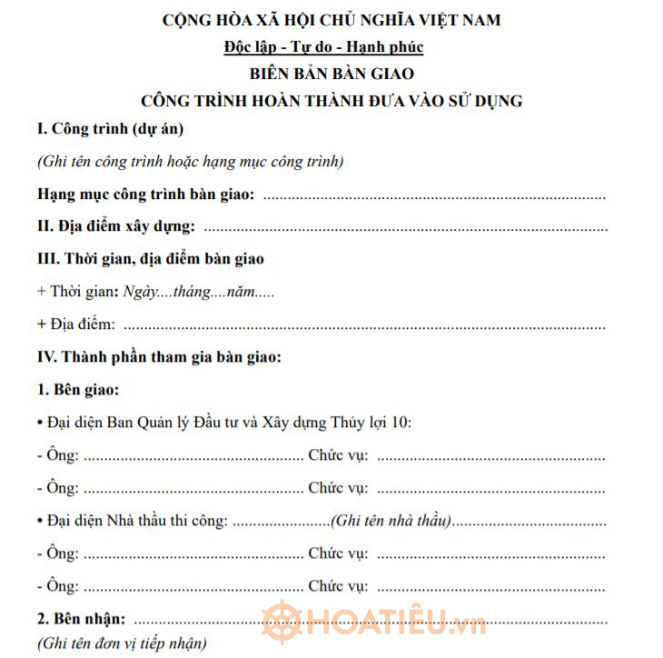 Mẫu biên bản bàn giao công trình đưa vào sử dụng mới nhất