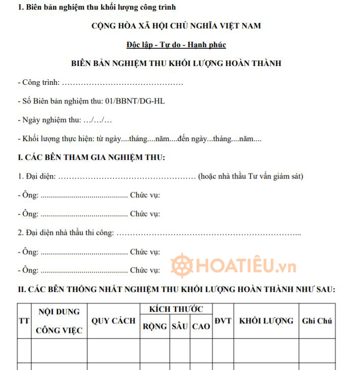 Biên bản nghiệm thu khối lượng công trình 2024