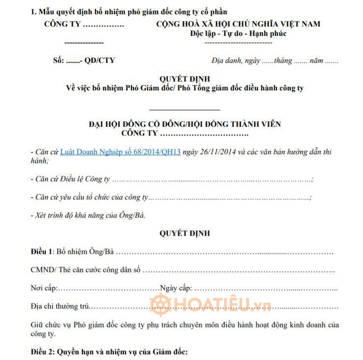 Mẫu quyết định bổ nhiệm phó giám đốc 