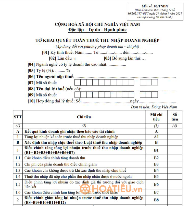 Mẫu 03/TNDN: Tờ khai quyết toán thuế thu nhập doanh nghiệp