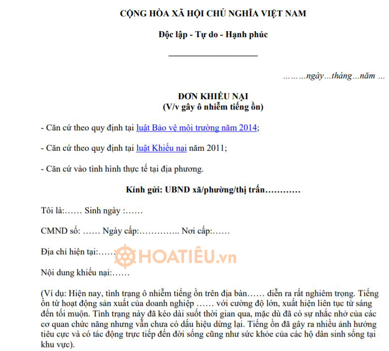 Mẫu đơn khiếu nại gây tiếng ồn, ô nhiễm tiếng ồn