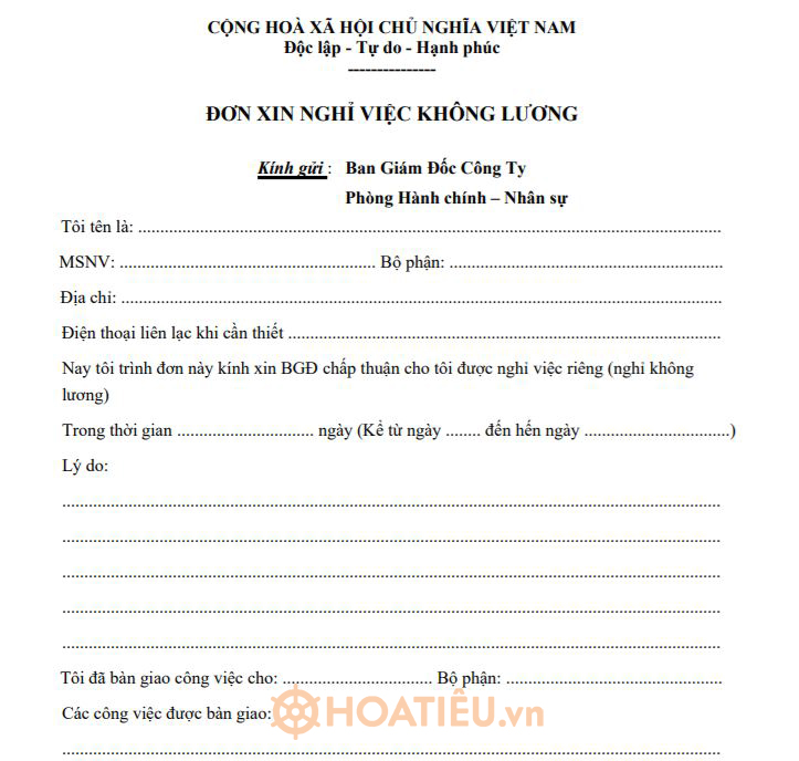 Mẫu đơn xin nghỉ việc không lương mới nhất 