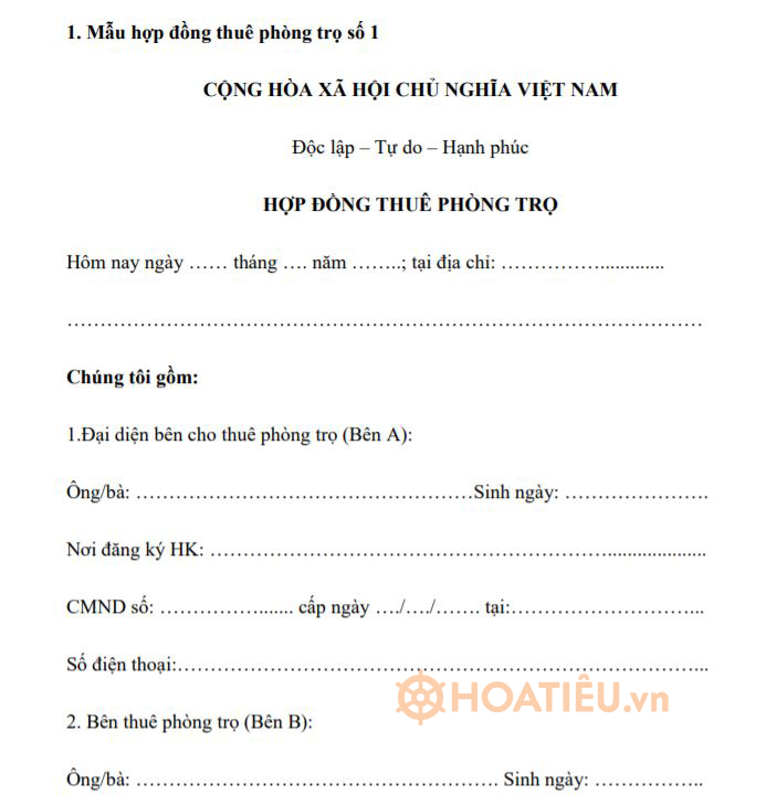 Mẫu hợp đồng thuê nhà trọ