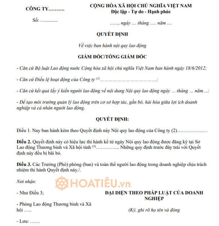 Mẫu quyết định ban hành nội quy lao động 2022