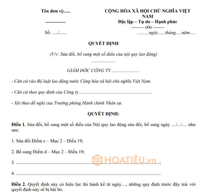 Mẫu quyết định sửa đổi, bổ sung một số điều của nội quy lao động
