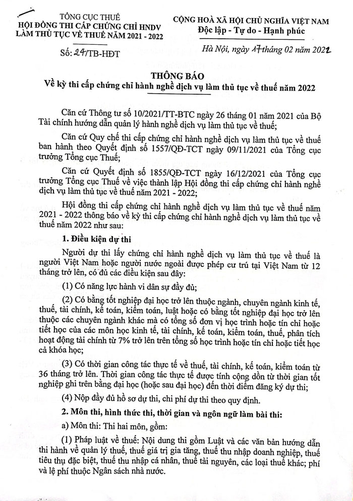 Lịch thi cấp chứng chỉ hành nghề dịch vụ làm thủ tục về thuế
