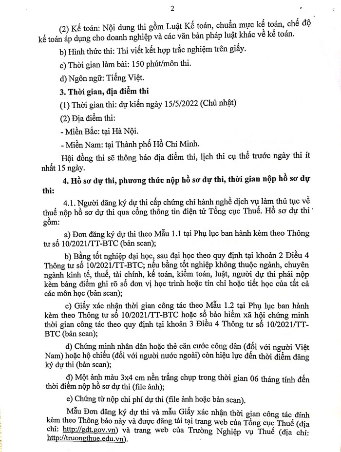 Lịch thi cấp chứng chỉ hành nghề dịch vụ làm thủ tục về thuế