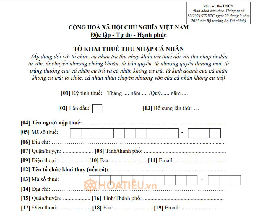 Tờ khai thuế thu nhập cá nhân 06/TNCN 2022