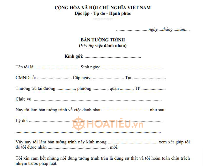 Mẫu bản tường trình sự việc đánh nhau