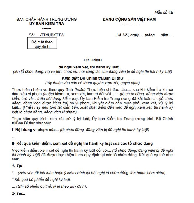 Mẫu 4E, 4e: Tờ trình đề nghị xem xét, thi hành kỷ luật