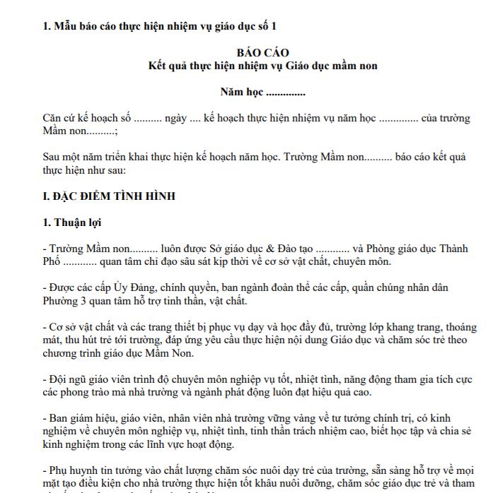 Mẫu báo cáo thực hiện nhiệm vụ giáo dục 