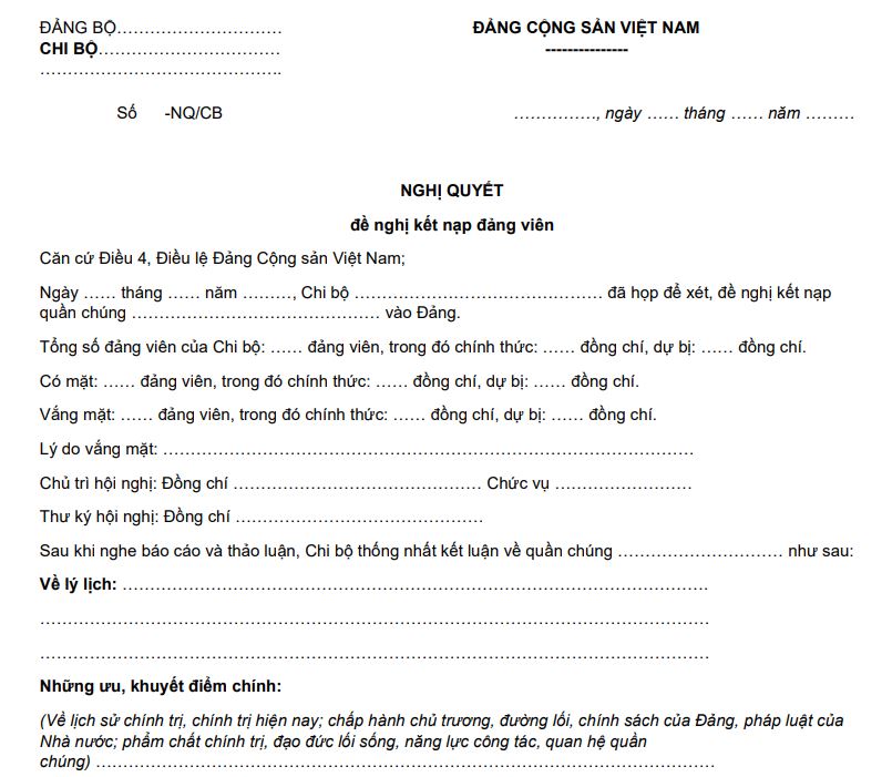 Mẫu 6-KNĐ: Nghị quyết đề nghị kết nạp Đảng viên