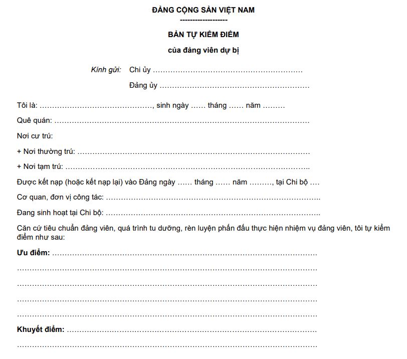 Mẫu bản tự kiểm điểm của Đảng viên dự bị 