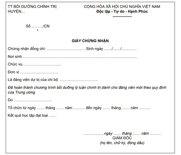 Giấy chứng nhận học lớp đảng viên mới 