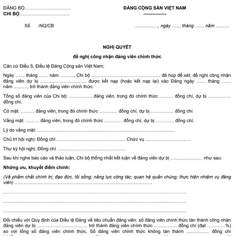 Nghị quyết đề nghị công nhận đảng viên chính thức của chi bộ Mẫu 13-KNĐ