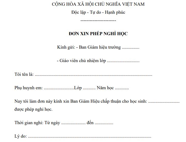 Mẫu đơn xin nghỉ học của phụ huynh 