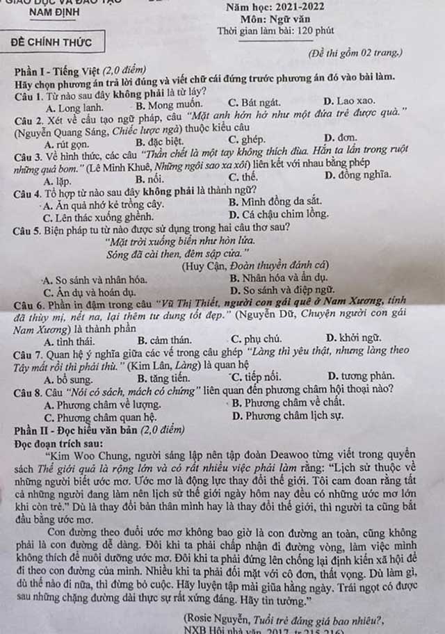 Đề thi tuyển sinh vào lớp 10 môn Ngữ văn