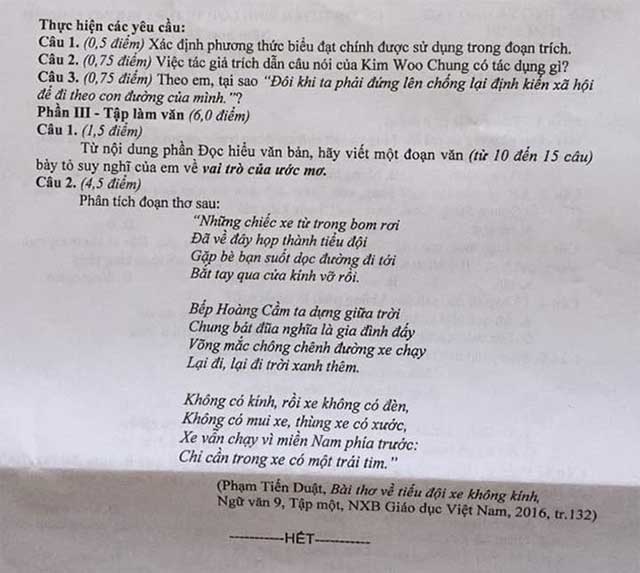 Đề thi tuyển sinh vào lớp 10 môn Ngữ văn