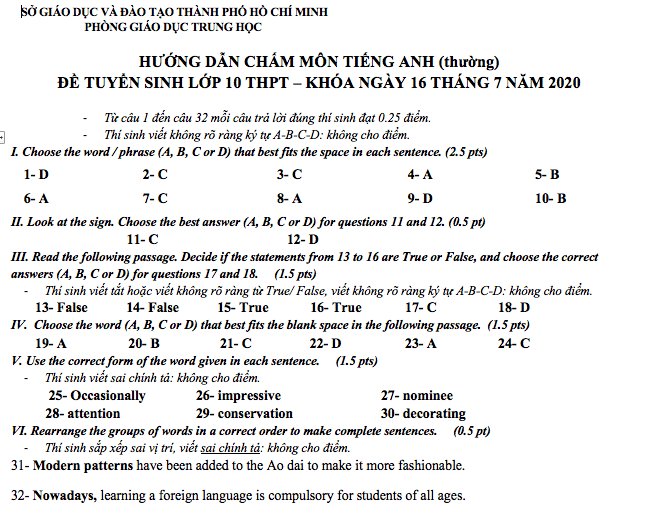  Đáp án đề thi tuyển sinh lớp 10 môn Anh Tp HCM 2020