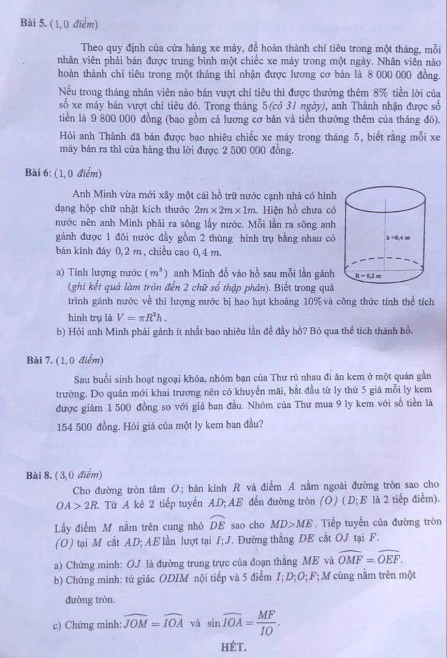 Đề thi Toán vào 10 năm 2020 TP HCM