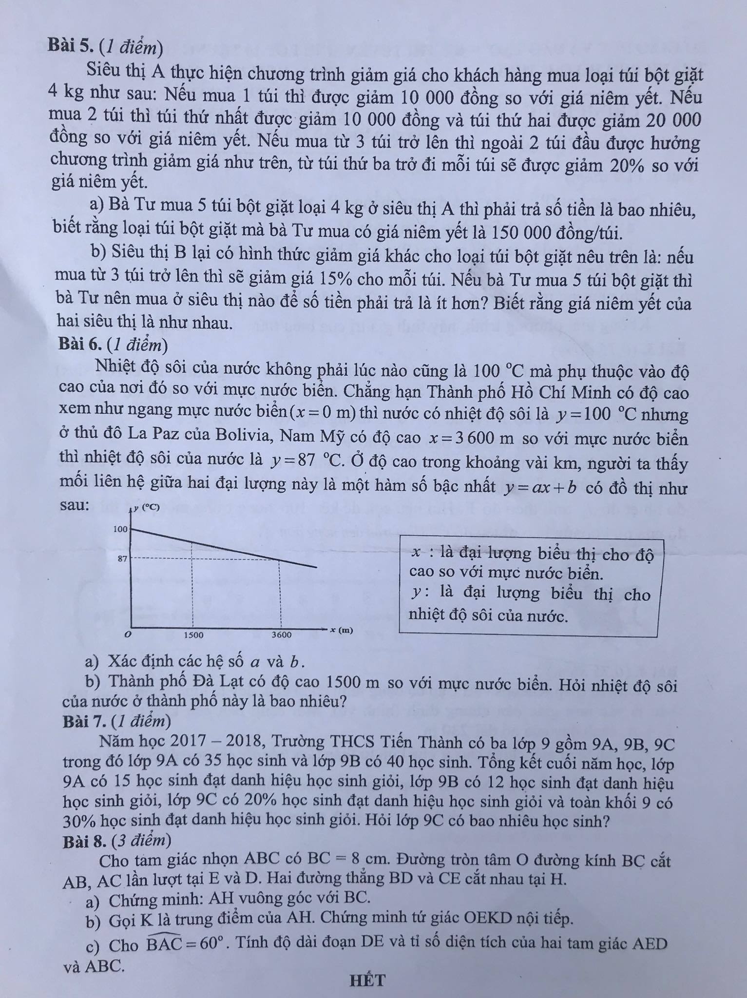 Đề thi môn Toán tuyển sinh lớp 10 TP.HCM năm 2018