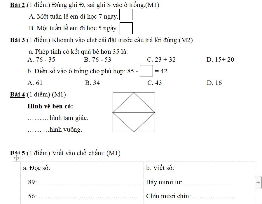Đề thi học kì 2 môn Toán lớp 2 sách Cánh Diều năm học 2021-2022