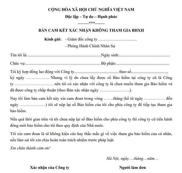 Bản cam kết xác nhận không tham gia bảo hiểm xã hội 