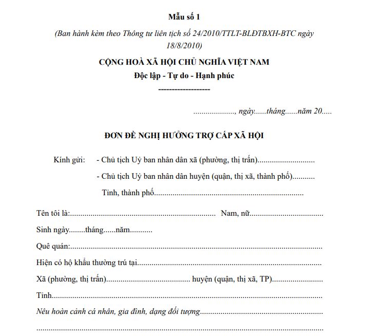Mẫu đơn đề nghị hưởng trợ cấp xã hội dùng cho cá nhân, hộ gia đình - Mẫu số 1