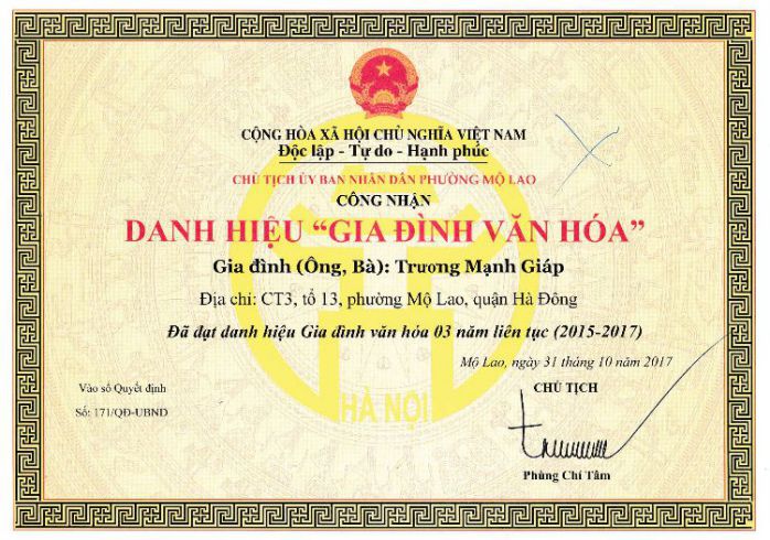 Thủ tục xét tặng Giấy khen Gia đình văn hóa