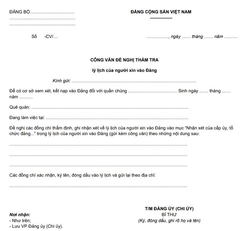 Mẫu 20-KNĐ: Công văn đề nghị thẩm tra lý lịch của người xin vào Đảng