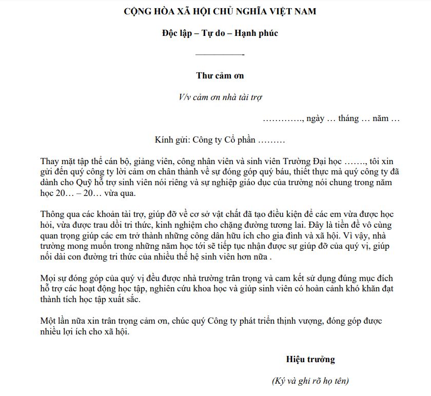 Mẫu công văn cảm ơn nhà tài trợ 